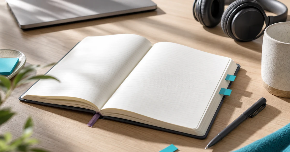 Blank notebook beside headphones and a laptop in a calm home setting