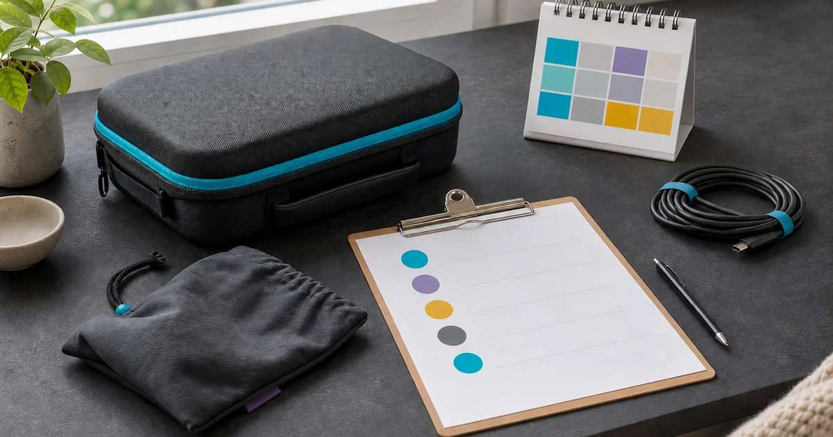 Rental case, calendar blocks, and a blank question checklist before a reservation