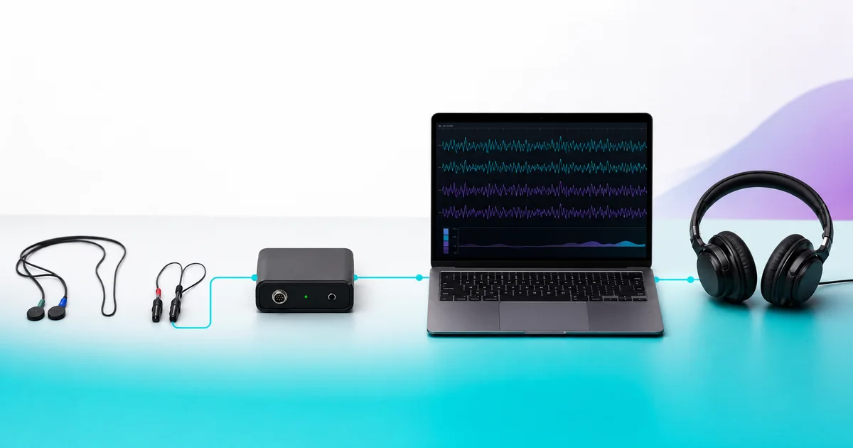 Neurofeedback sensor leads connected to an interface, laptop, and headphones