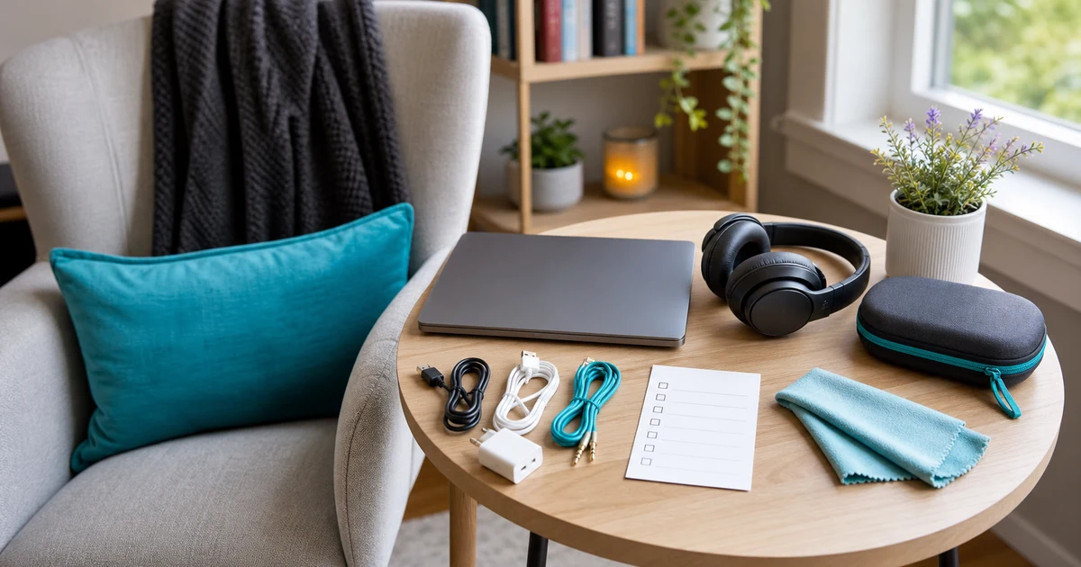Organized home setup with a blank checklist, headphones, laptop, and cables