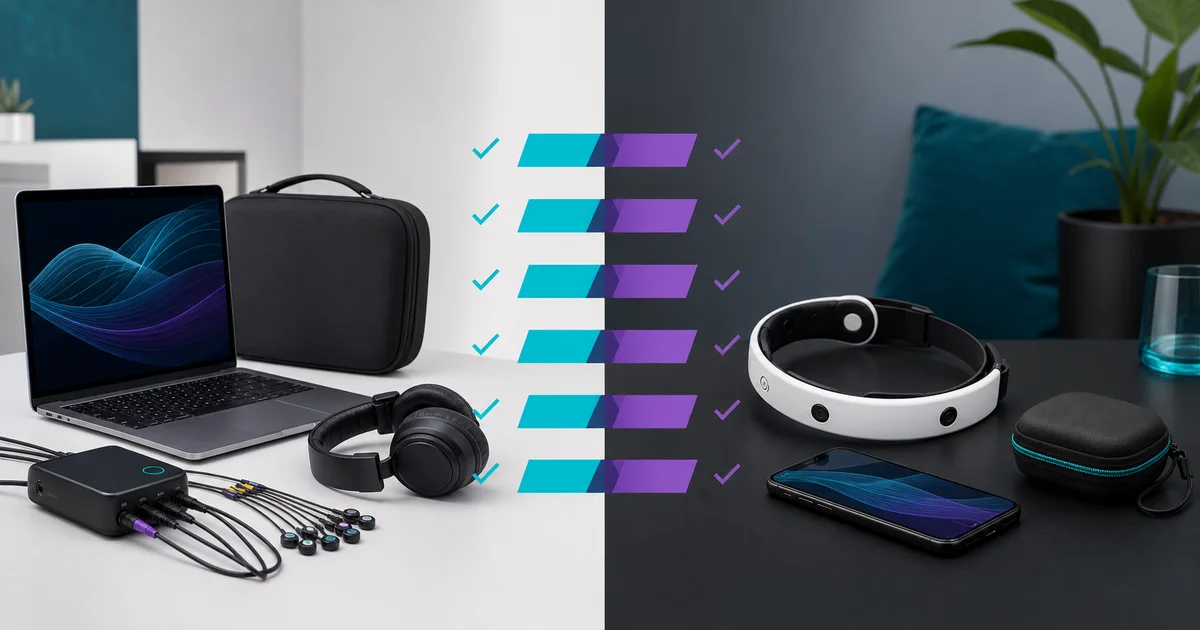 Side-by-side checklist comparing a configured neurofeedback system with a headband and app