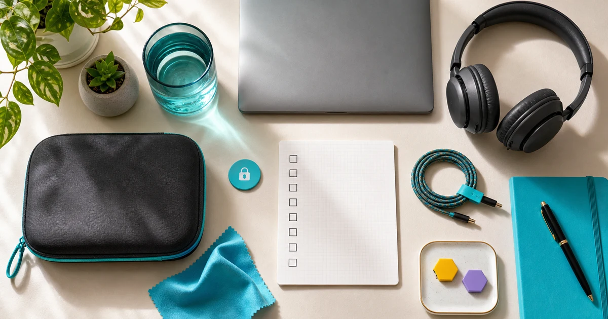 At-home wellness technology accessories arranged with a blank evaluation checklist